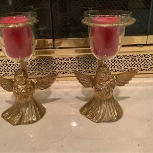 Set of 2 Vintage Christmas Solid Brass Ornate Angel Figurine Candle Holders